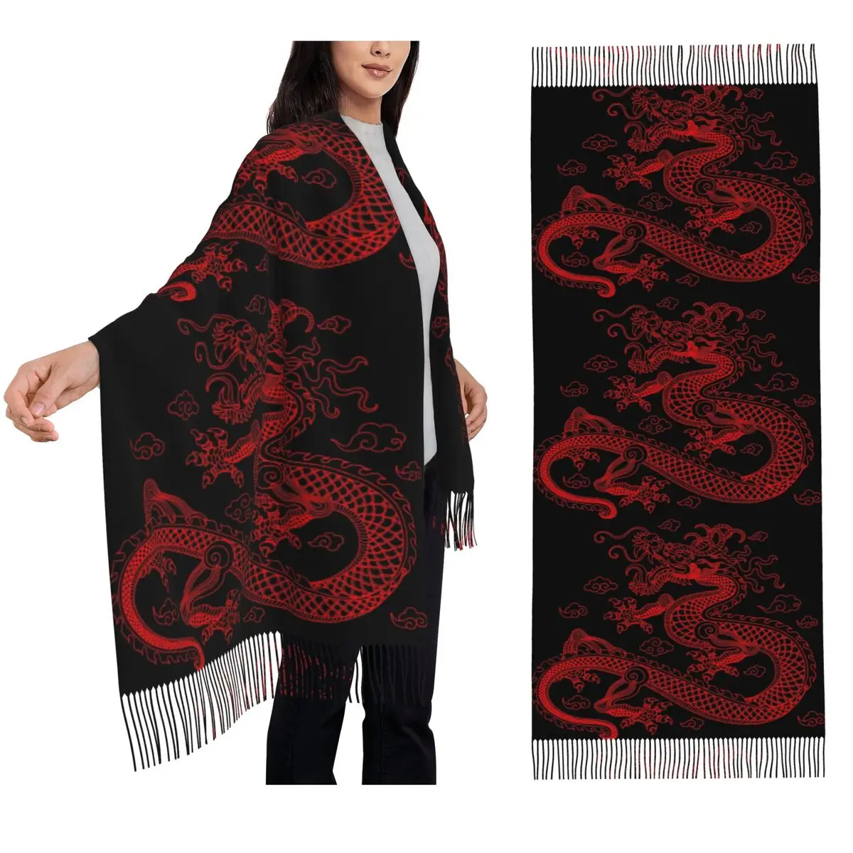 Chinese Dragon Asian Oriental Style Art Scarf Tassel Scarves Women Soft Warm Shawls and Wraps Long Fall Winter Shawl Wrap