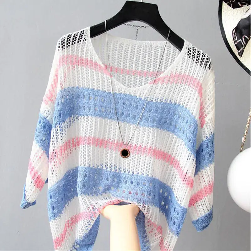

Women Half Sleeve Colorful Hollow Out Blouses Striped Ice Silk Knit Shirt Loose Retro Style Pullover Lightweight Tank Tops
