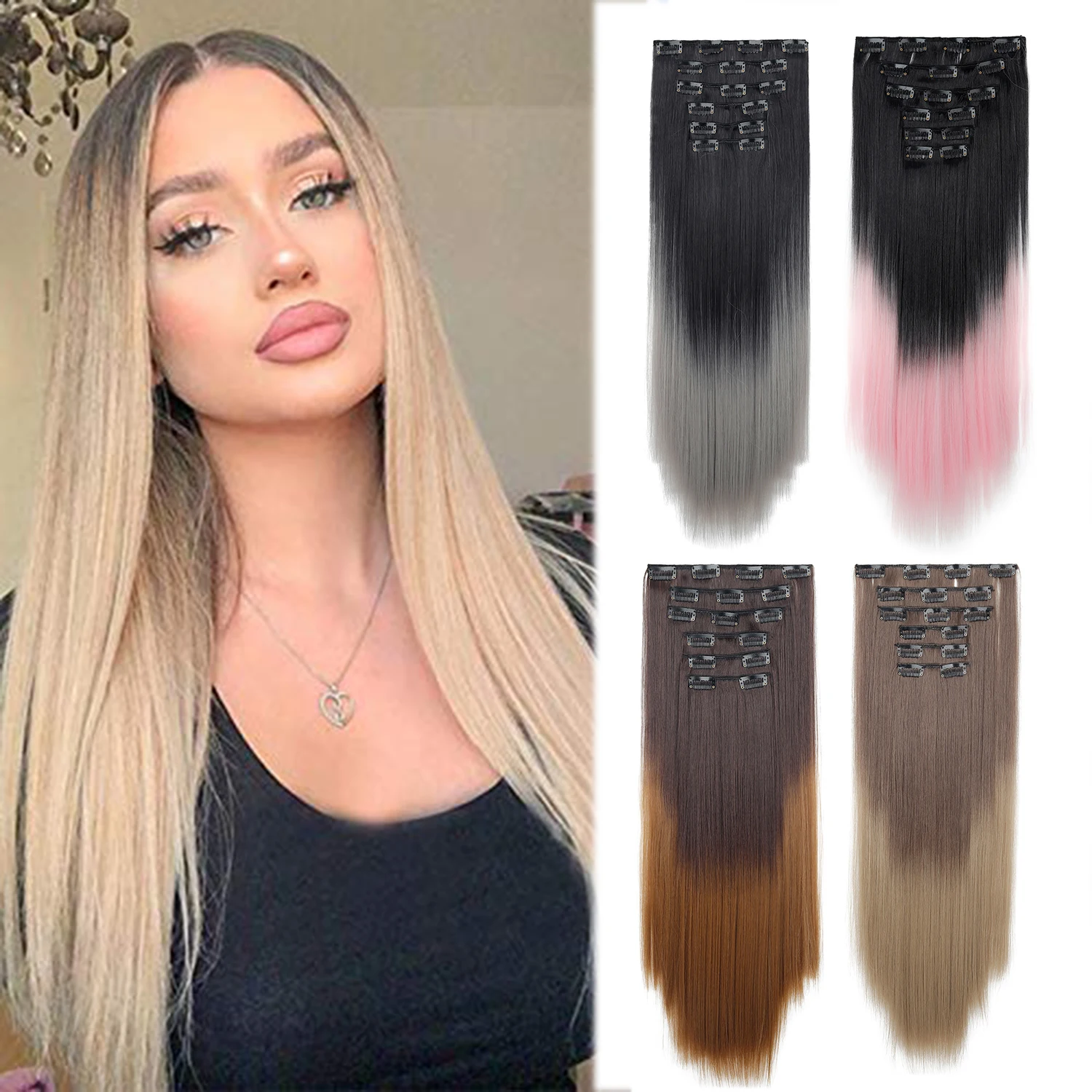 Clip In Hair Extensions 6PCS Set Hairpiece 24inch Long Straight Hair Full Head Ombre Gradient Color For Women Daily Use