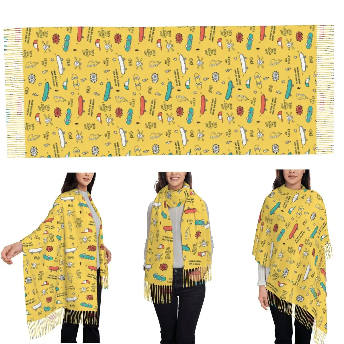 Cartoon Skateboard Graffiti Pattern Scarf Tassel Scarves Women Soft Warm Shawls and Wraps Long Fall Winter Shawl Wrap