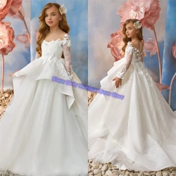 Elegant Lace Long Sleeve Flower Girl Dress White For Wedding Appliqued Litter Girls Birthday Party Evening Gown Communion Gowns