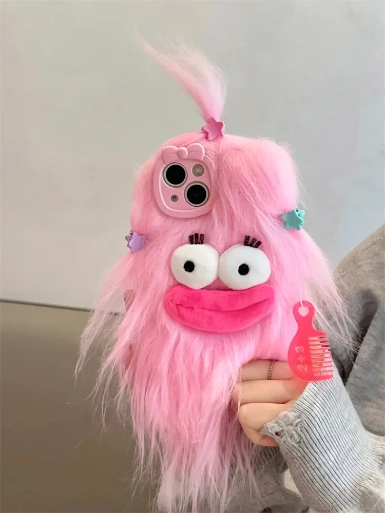 Koreanische lustige, flauschige Plüsch-Monsterhülle für iPhone 18pro 17 Pro Max 16 15 14 13 12 11, süße Winter-Warmhülle für Mädchen, weiche Fellhülle – Detail 5