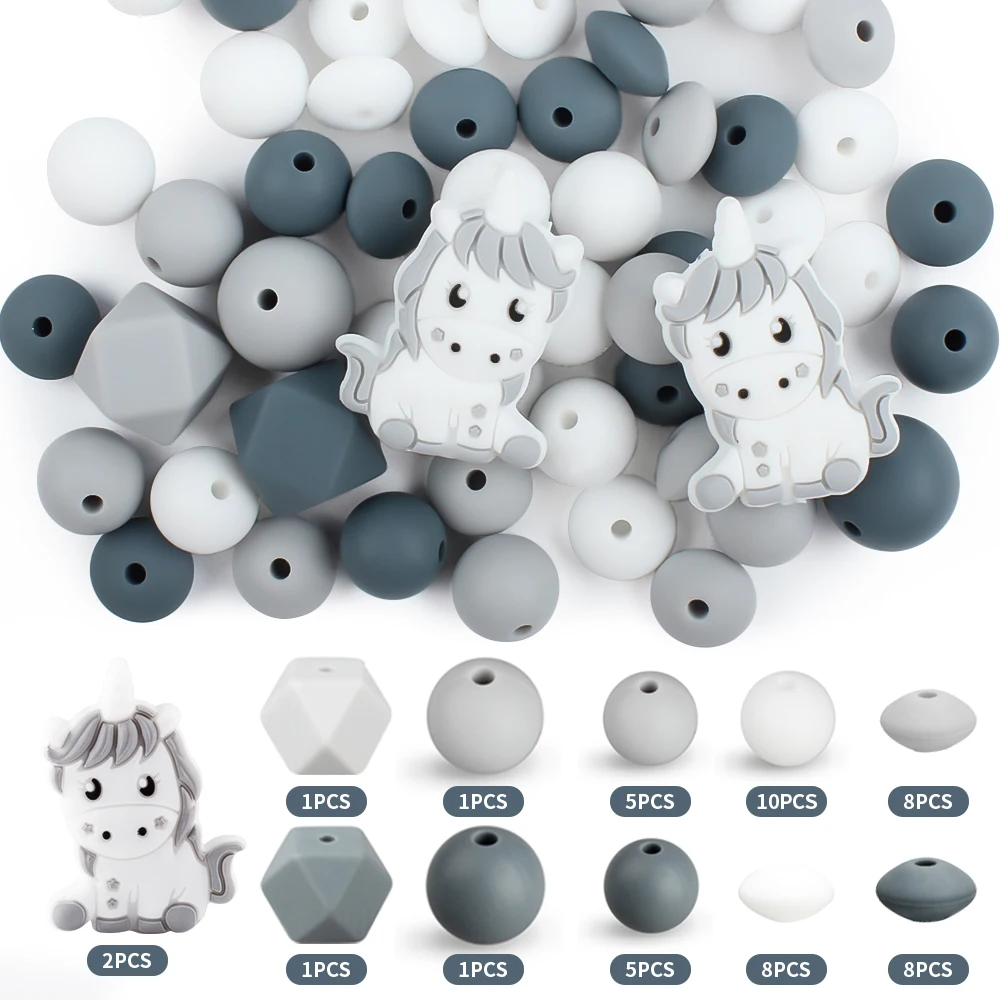 50Pcs/Set Baby Silicone Beads Unicorn Round Beads Sets Teething Teether BPA Free DIY Necklace Pacifier Clips Set Accessories