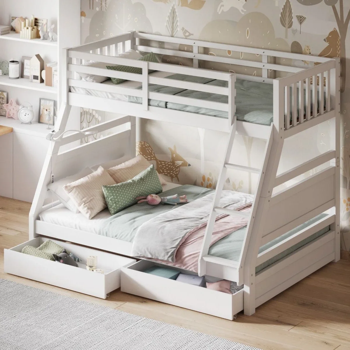 Space Saving Wood 3 Tier Bunk Bed Triple Bunk Bed With Trundle Bedroom Furniture