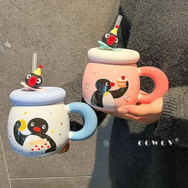 

500ml Cute Pingu Penguin Ceramic Mug Coffee Cup High-Value Couple Straw Water Cup Office Supplies Household Items Birthday Gift