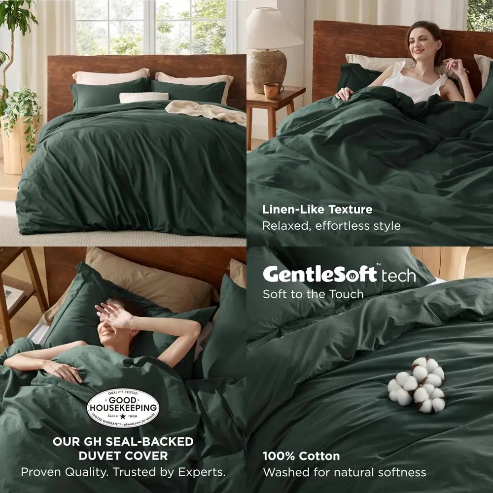 

Пододеяльник Queen из 100% хлопка лесного зеленого цвета — минималистичный стиль из стираного льна на все сезоны, нежный и прочный