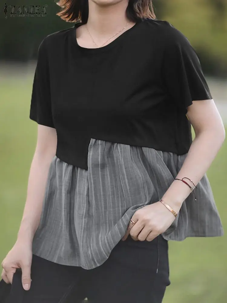 

ZANZEA 2024 Summer Short Sleeve Patchwork Shirt Women's Blouses Trend Fashion Casual Loose Work Blusas Oversize Female Tops