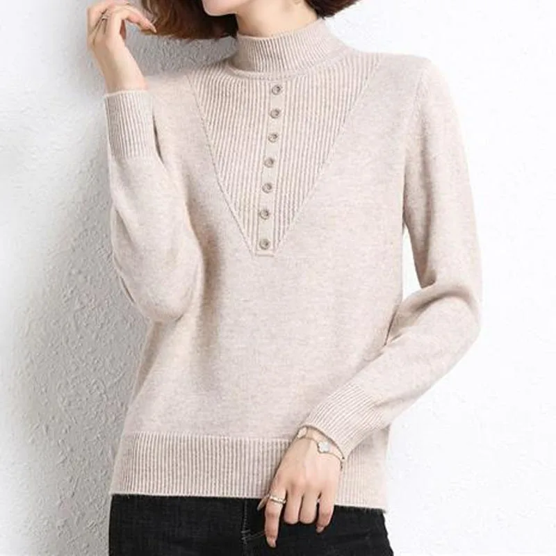 Fashion Long Sleeve Solid Color Knitted Tops Women\'s Clothing Autumn Winter Korean All-match Half High Collar Simplicity Sweater