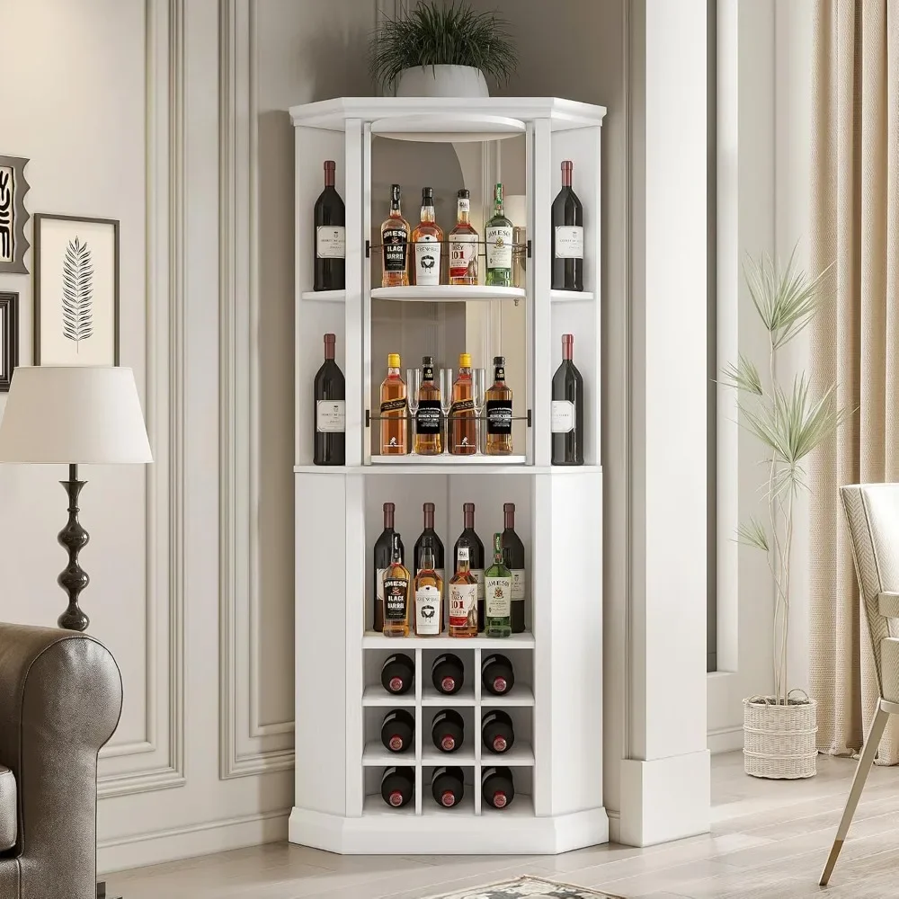 

Corner Wine Cabinet with Rotating Glass Wine Rack, Farmhouse Bar Storage Cabinet with Cup Holders, Home Bar Cabinet