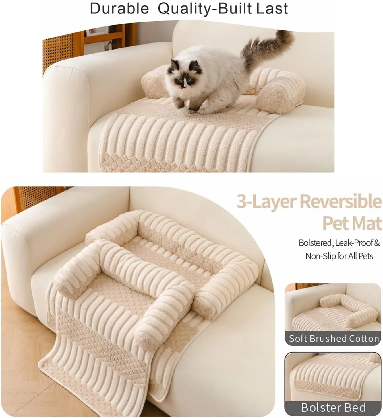 Pet Couch Cover for Cats Dogs Waterproof Anti Slip Soft Plush Bed Mat with Bolster Pillow Furniture Protector(80 * 90cm)