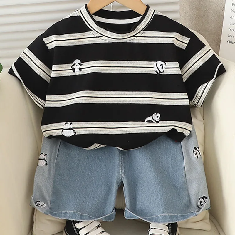 

2Piece Summer Costume Toddler Boy Clothing Korean Fashion Cartoon Panda Stripe Short Sleeve Tops+Denim Shorts Children Sets B151