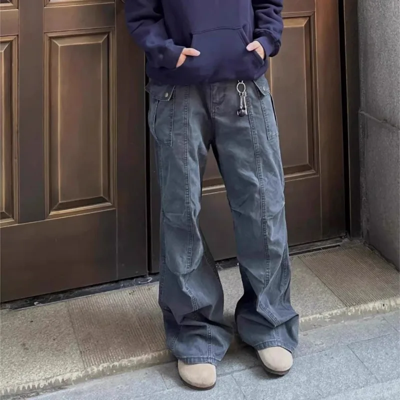 Women Multi Pocket Cargo Jeans High Waist Wide Leg Casual Denim Pants