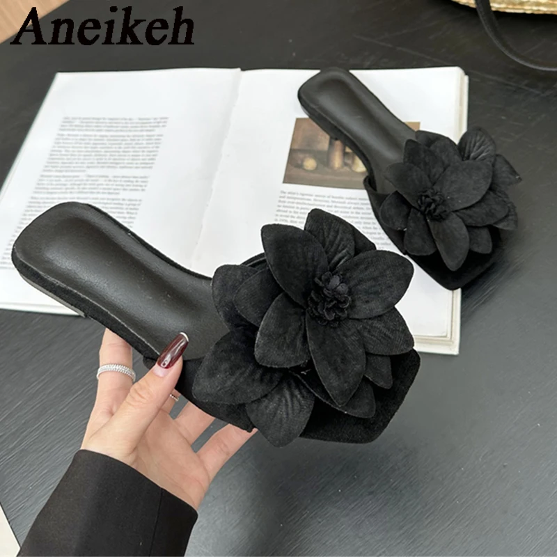 Aneikeh Summer Fashion Faux Suede Flower Square Headed Flat Heels for Women Slippers Flat Bottom Sandals Beach Slides Zapatos