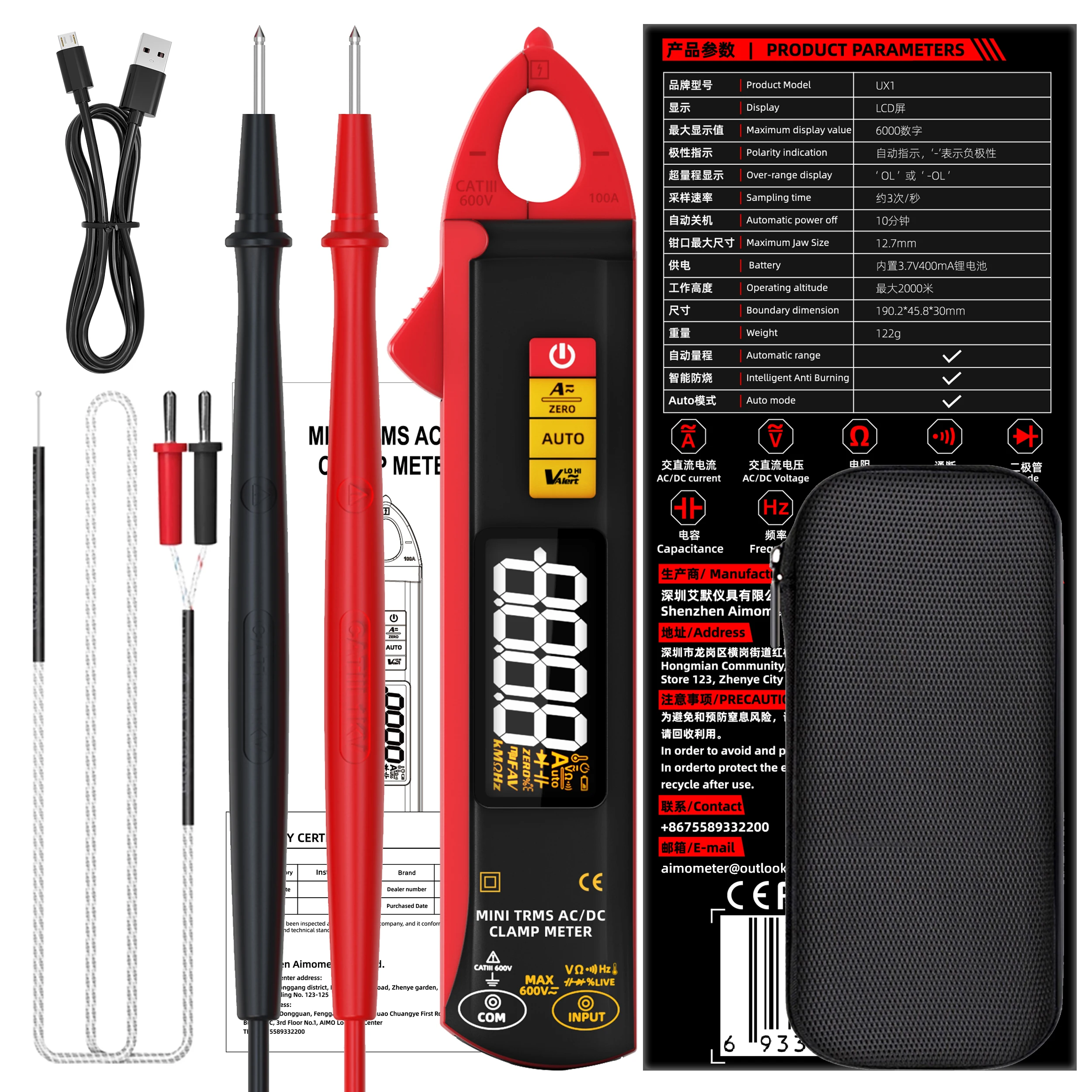 BSIDE Digitale Stroomtang 1mA Hoge Precisie Ampèremeter Tang True RMS DC AC Stroom Auto Reparatie Elektrische Temp Tester Multimeter