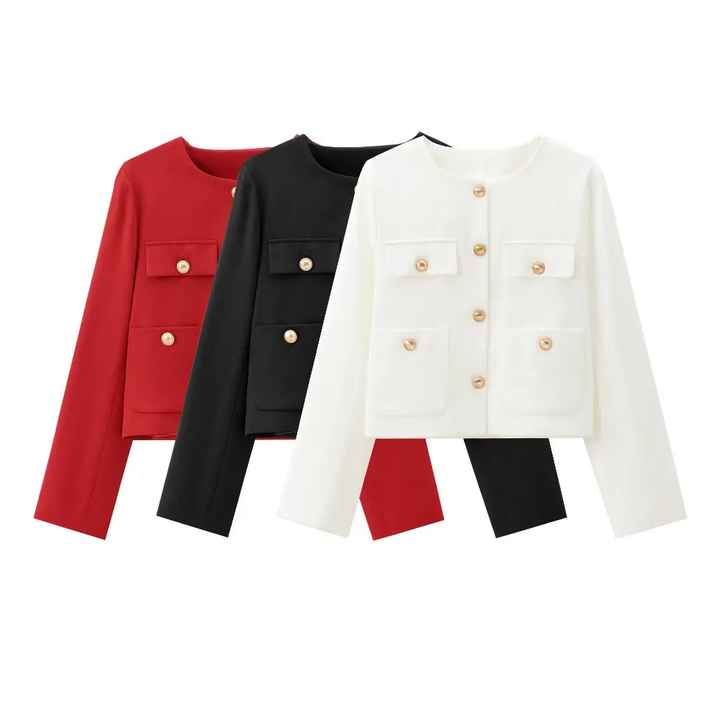

Autumn Solid Color Short Coat Single-Breasted Crew Neck Women's Jacket Fashionable Temperament Socialite Style