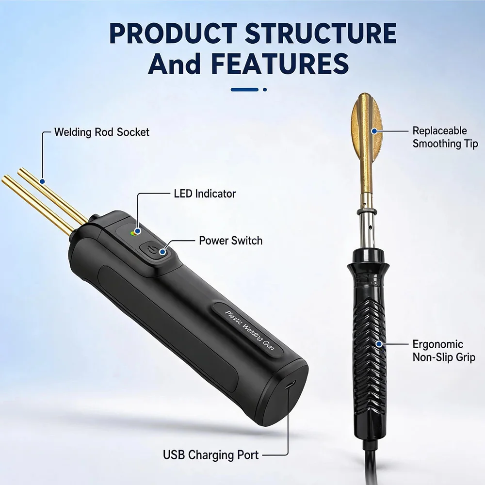 Handheld Type-C Rechargeable Plastic Welder Kit with LED Light With 200 Welding Staples in 4 Types For Car Bumper Crack Repair