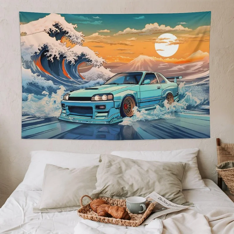VIKAMA Japanese Wave Tapestry Retro JDM Sports Car Wall Hanging Mount Fuji Sunset Vaporwave Aesthetic Wall Art Bedroom Decor