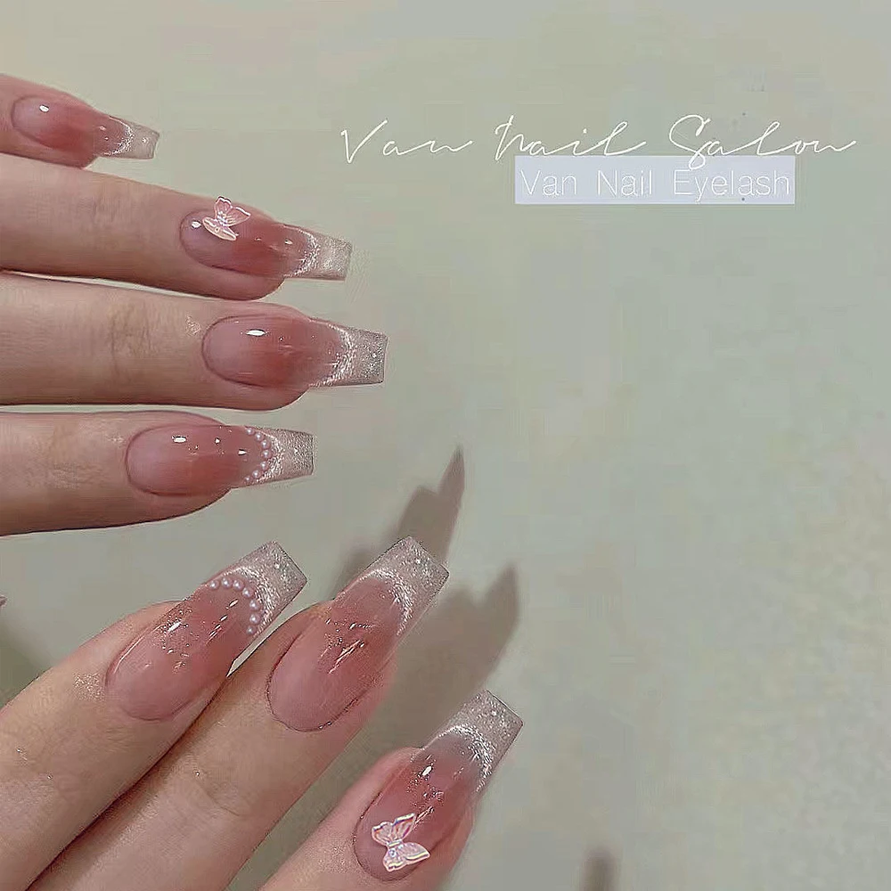 10Pcs Pink Butterfly Press on Nails Cat Eyes Blush Fake Nails Handmade DIY False Nails For Women Wedding Party Wearing view 4