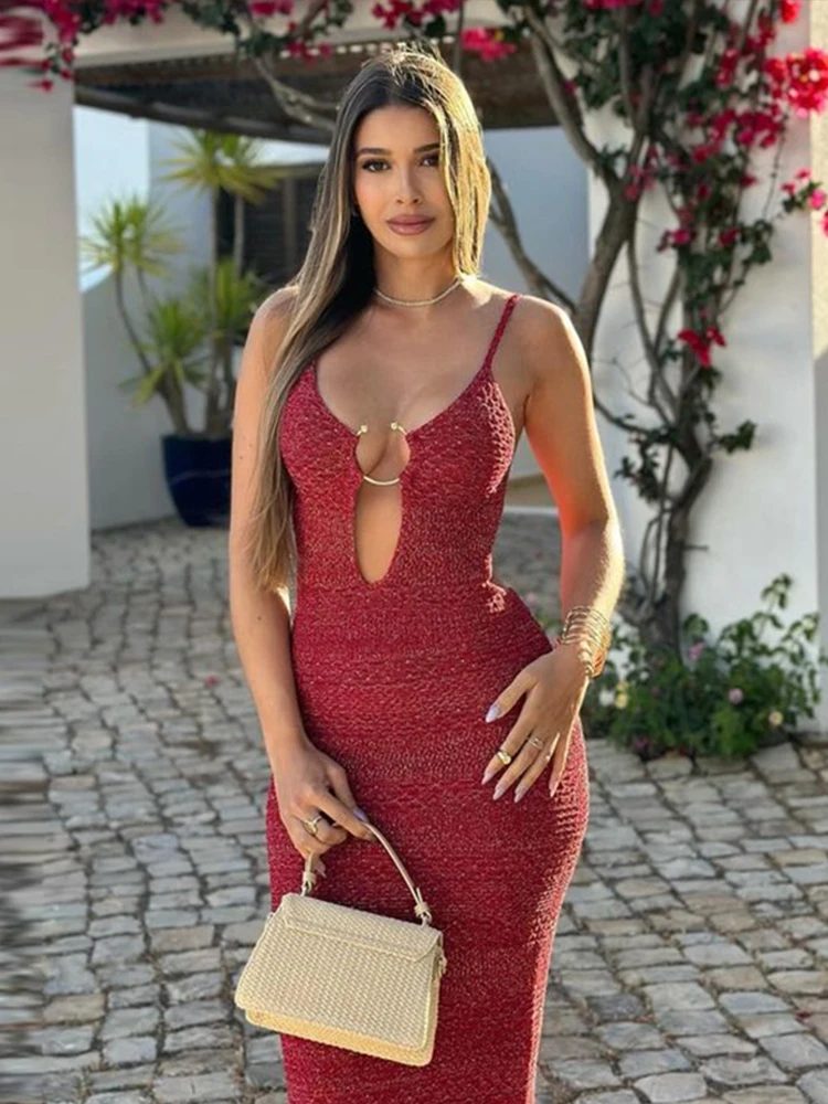 Elegant Red knitted Women's Dress Metal Ring Link Hollow Out Long Dress Skinny Backless Robe Summer Lady Chic Evening Gown