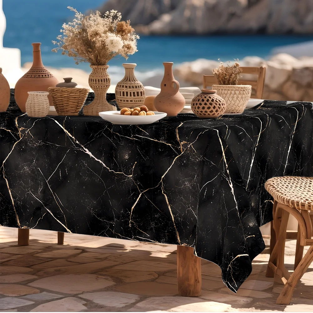 1pc  Black Gold Marble Print Rectangular Tablecloth Waterproof Stain Resistant Outdoor Indoor Dining Table Cover for Patio