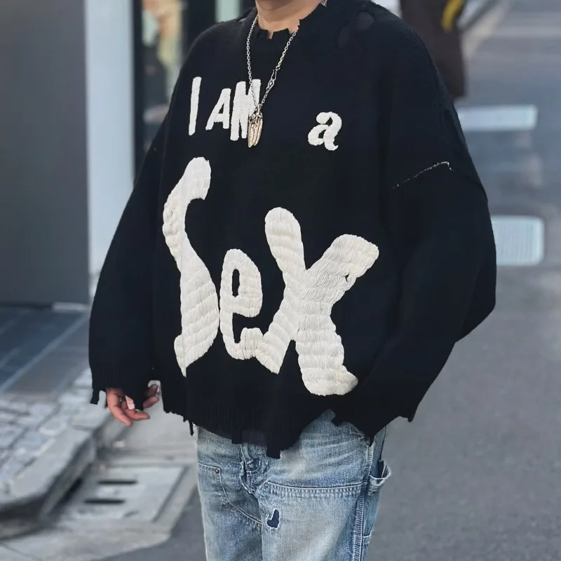 Winter Wool Saint Round Neck Needle Embroidery Letters Ripped Style Street Fashion Men Women 1:1 Harajuku Sweater