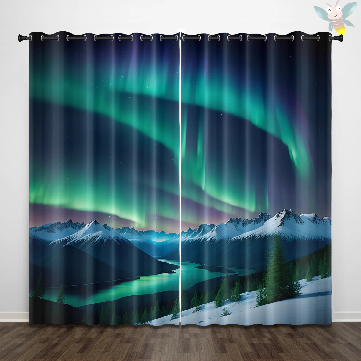 2PC high blackout perforated polyester curtain, double-sided matte, left and right facing, beautiful Nordic scenery aurora