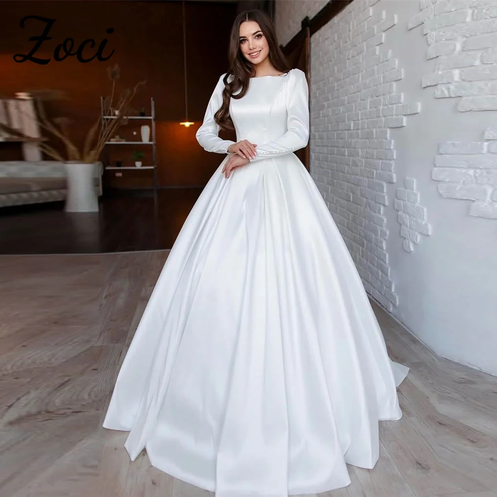 Zoci Modest Long Sleeves Wedding Dresses A Line Satin Square Neck Bride Dress Customized Backless Saudi Dubai Lace Bride Dress