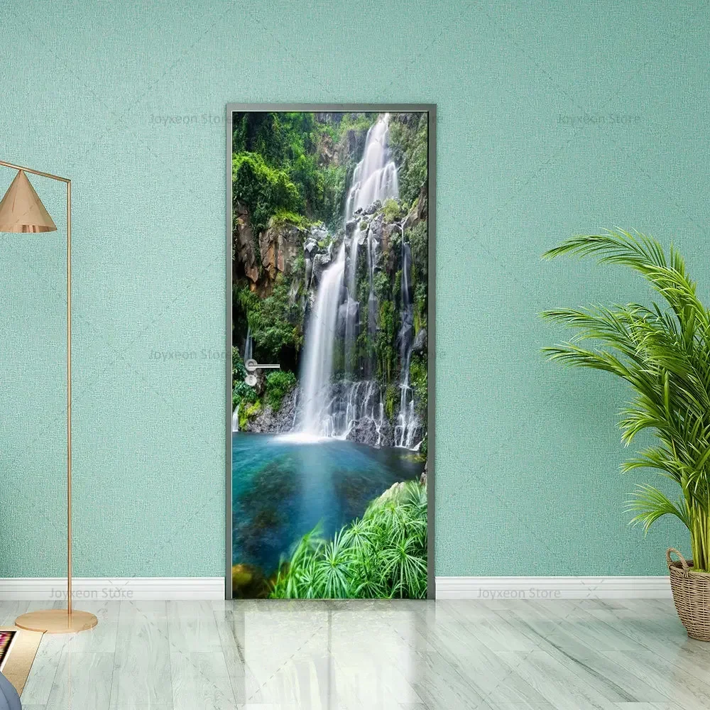 Póster de escena de cascada de bosque verde, pegatina de pared de vinilo, PVC, impermeable, antiarañazos, autoadhesiva, decoración del hogar