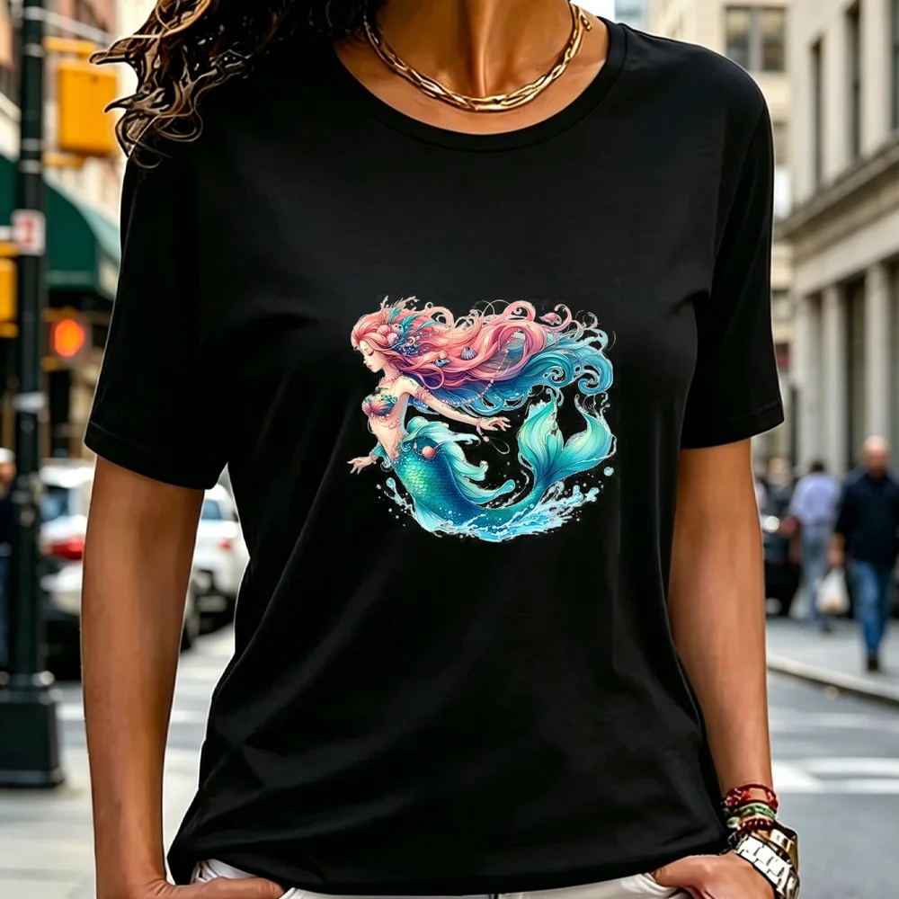Summer New Fashion Women's T-shirt Mermaid Pattern Printed Women's Round Neck Casual Short Sleeve Daily Women's Top