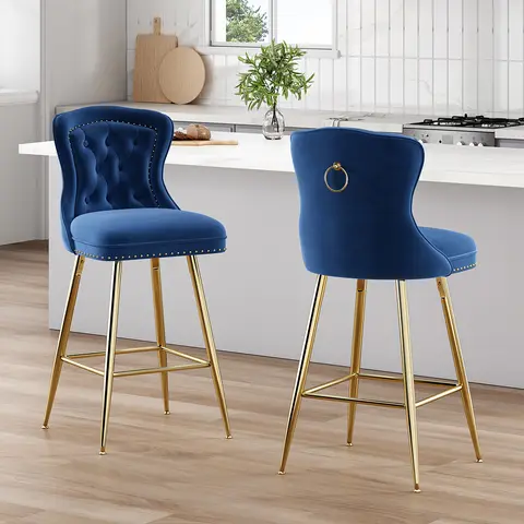 Bar Stools Set of 2, Velvet Counter Height Bar Stools with Metal Legs, Button Tufted and Nailheads Trim, for Dining Room