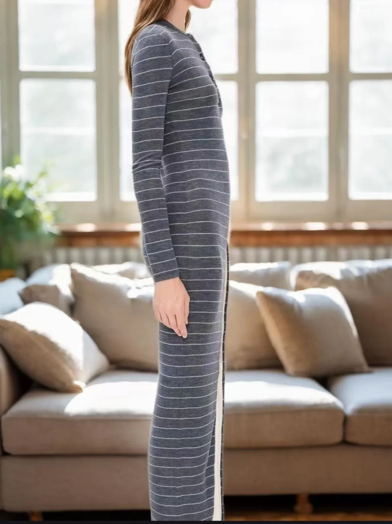 2025 New Striped Knit Dress: Wool-Blend Maxi with Chic Asymmetrical Buttons