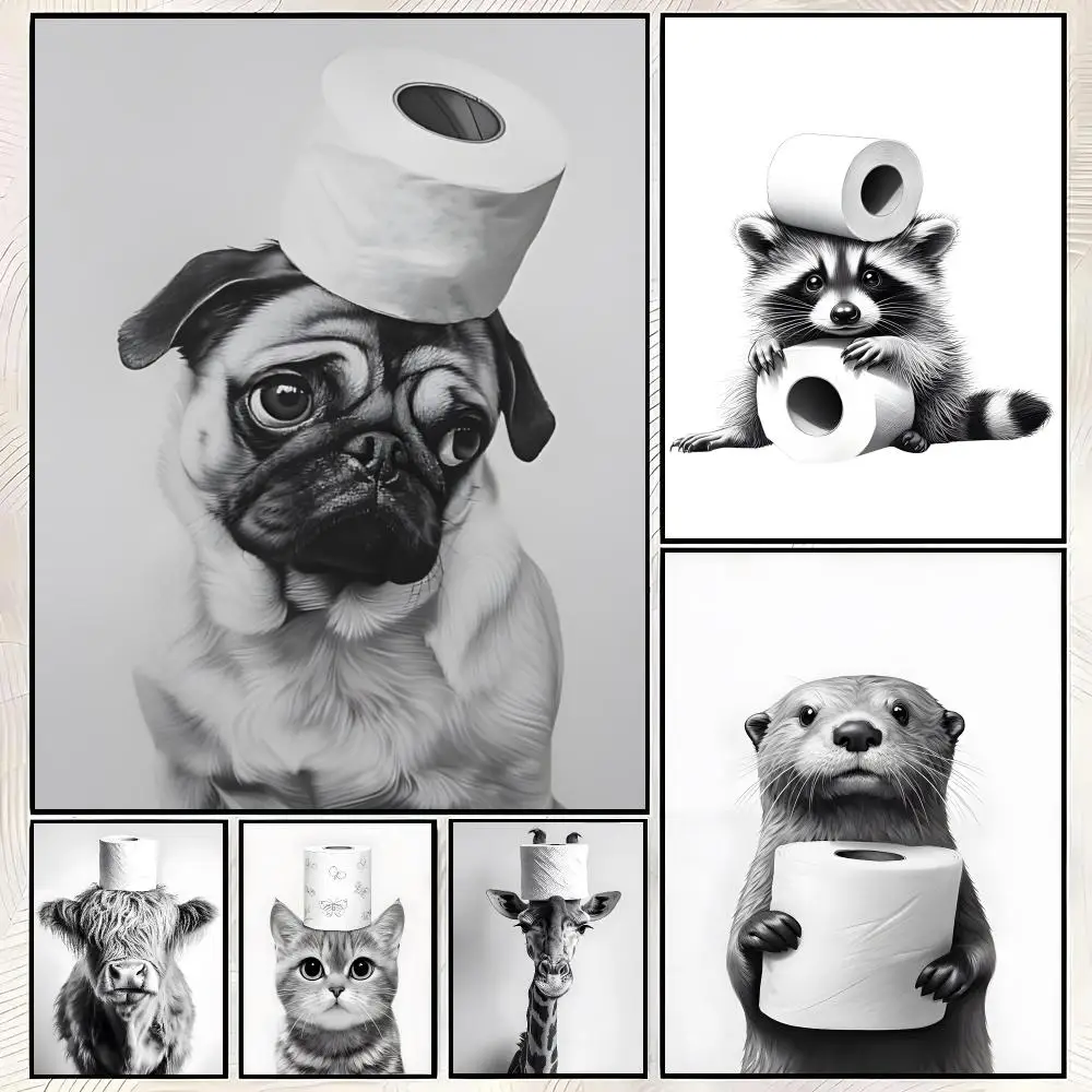 B-Black and White Cute Animal and Toilet Paper Poster Vintage PP Paper Wall Art Home Decor Print for Bedroom Living Room