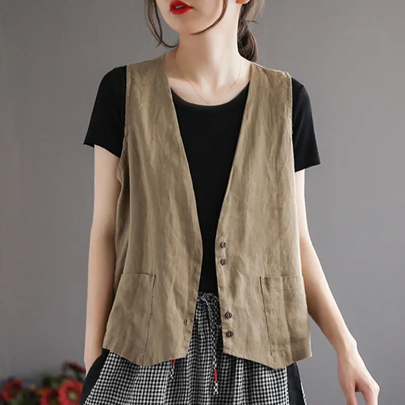 

YASUGUOJI Women Vest 2022 New Ladies Summer Loose Waistcoat Tie V-Neck Single Breasted Short Blazer Casual Tops Outerwear Female