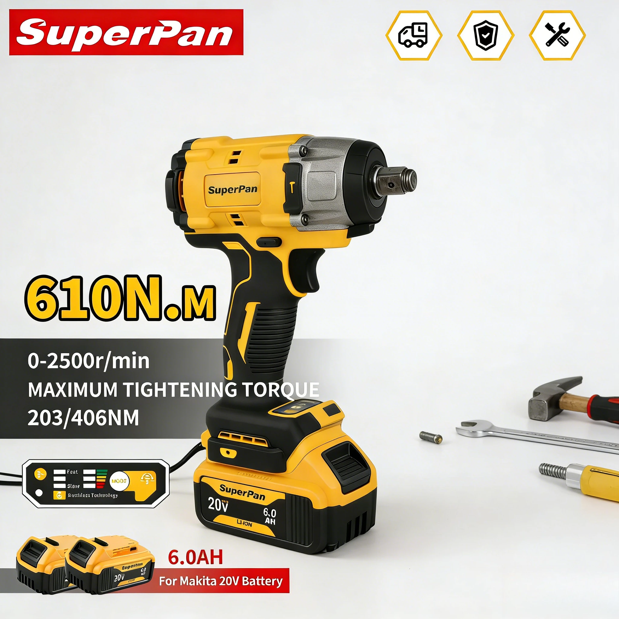 

Беспроводной гайковерт SuperPan с интеллектуальным крутящим моментом, быстрой зарядкой, для монтажа строительных лесов, 20В, 406Нм, 0-2500 об/мин, для аккумулятора Dewalt 20В