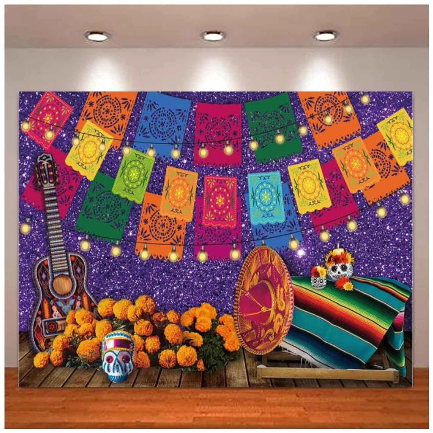 

Mexican Fiesta Photography Backdrop Purple Day Of The Dead Party Background Cinco De Mayo Colorful Flags Decor Baby Shower