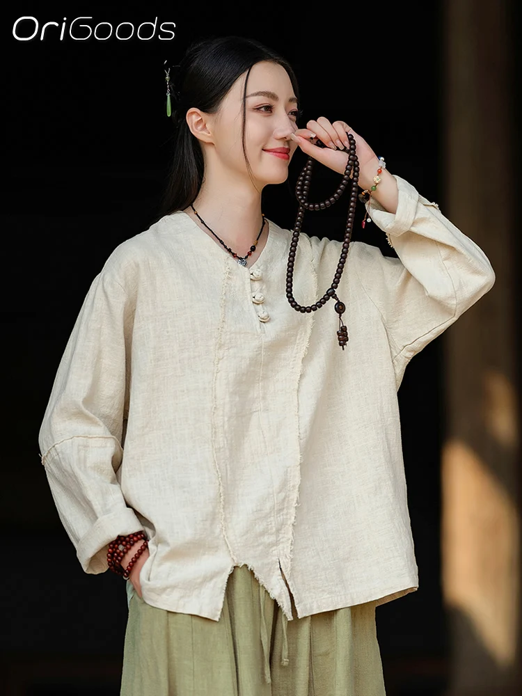 OriGoods Ramie Fabric Long Sleeve Loose T Shirt Women Novelty Design 2024 New Autumn Tshirts Woman Tops Japanese Zen Style C082