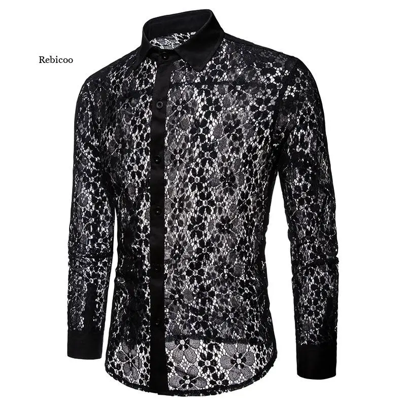 

Men's Mesh See Through Fishnet Clubwear Shirts Slim Fit Long Sleeve Sexy Lace Shirt Men Party Event Prom Transparent Chemise