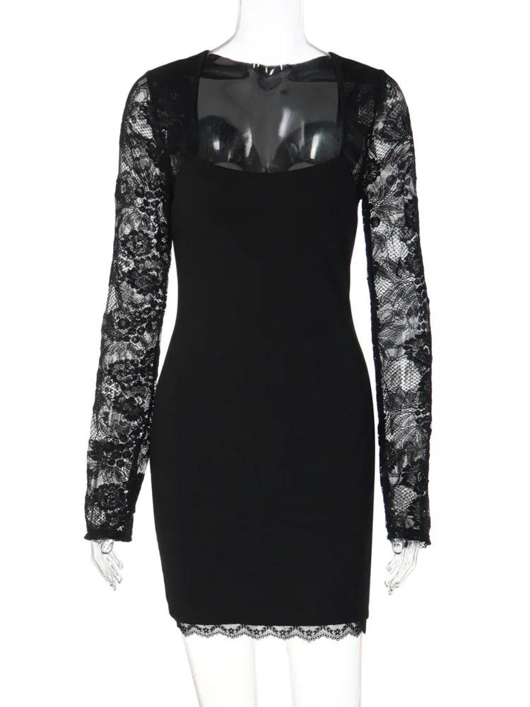 XIAOTANG dentelle pure à manches longues Sexy Mini robe femmes robe Patchwork col carré maigre Club robes de soirée Clubwear vêtements