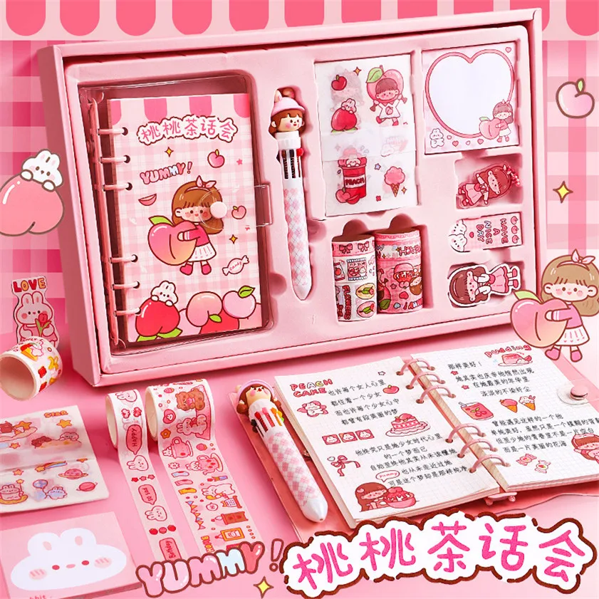 Notebook Washi Tape Kawaii Peach Stickers Pen Stationery Set School Accessories Paper Material Gift Box For Girls Notepad Defter