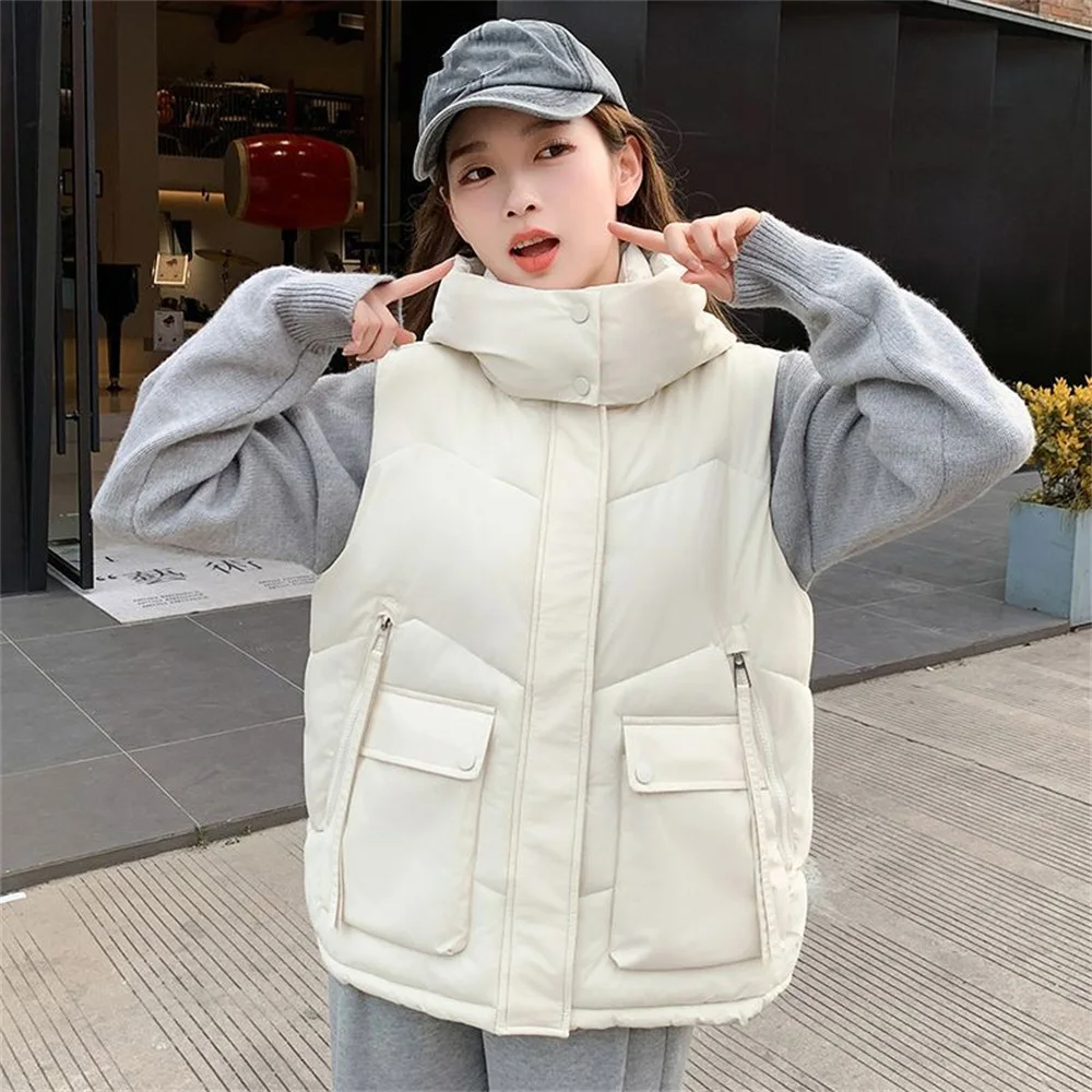 

2025 Korean Fashion Autumn Winter Hooded Vest Warm Women Sleeveless Jackets Thicken Down Cotton Vest Waistcoat Short Vest