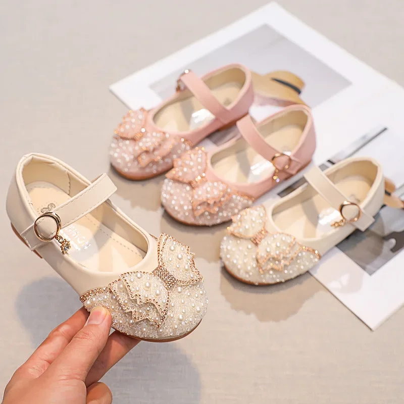 Girls Leather Shoes Spring Autumn Fashion Pearl Bow Rhinestone Little Girl Shoes Flat Heels Kids Princess Shoes