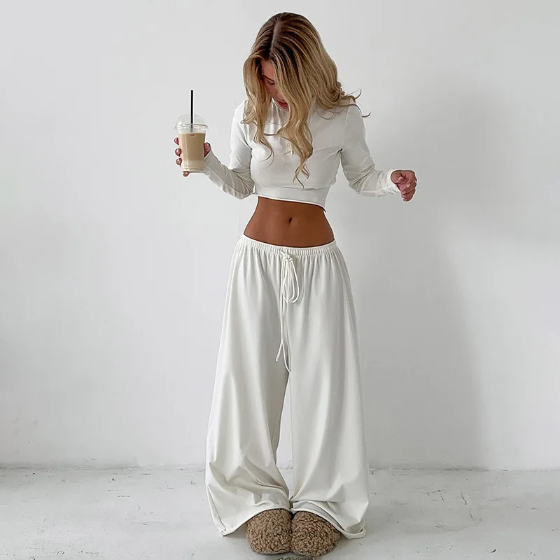 

Blifanbo Casual Long Sleeve Crop Top Loose Long Pants 2 Pieces Set Women Autumn Slim Fashion Top And Long Pant Set Streetwear