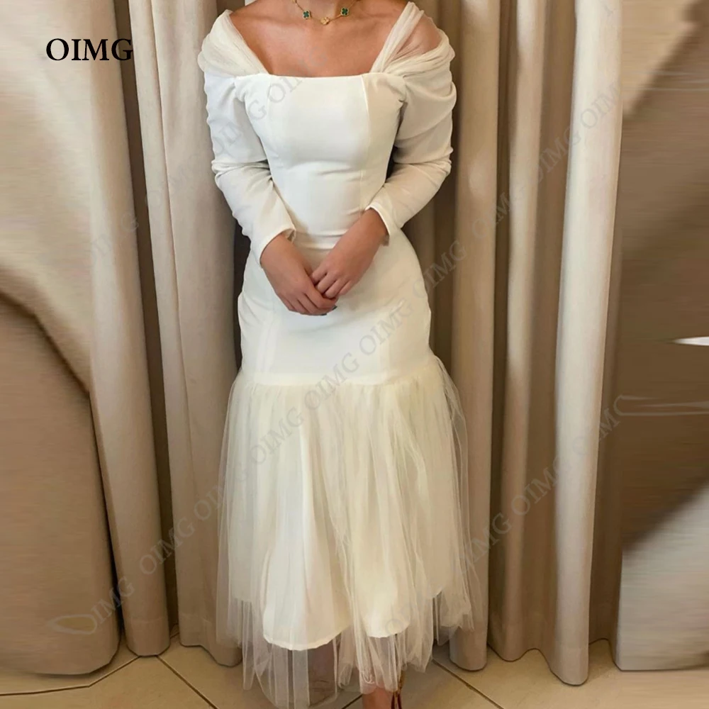 

OIMG Simple Off Shoulder Satin Mermaid Wedding Dress Gorgeous Tulle Short Custom Evening Bridal Gowns Dresses Sexy Custom Made