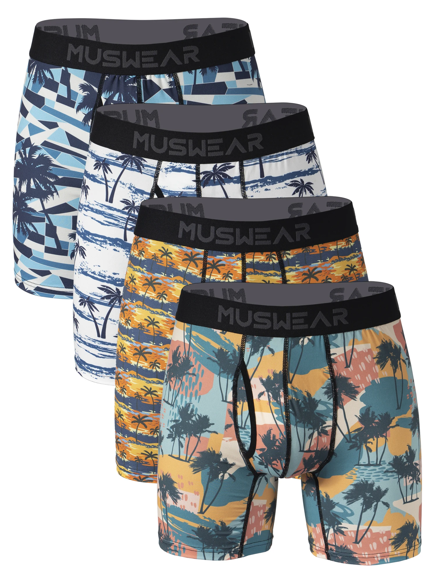 

MUSWEAR 4 шт. мужских трусов-боксеров с боковым вырезом, двусторонняя начесная ткань, высокая эластичность, принт по всей поверхности, широкий пояс, быстросохнущие