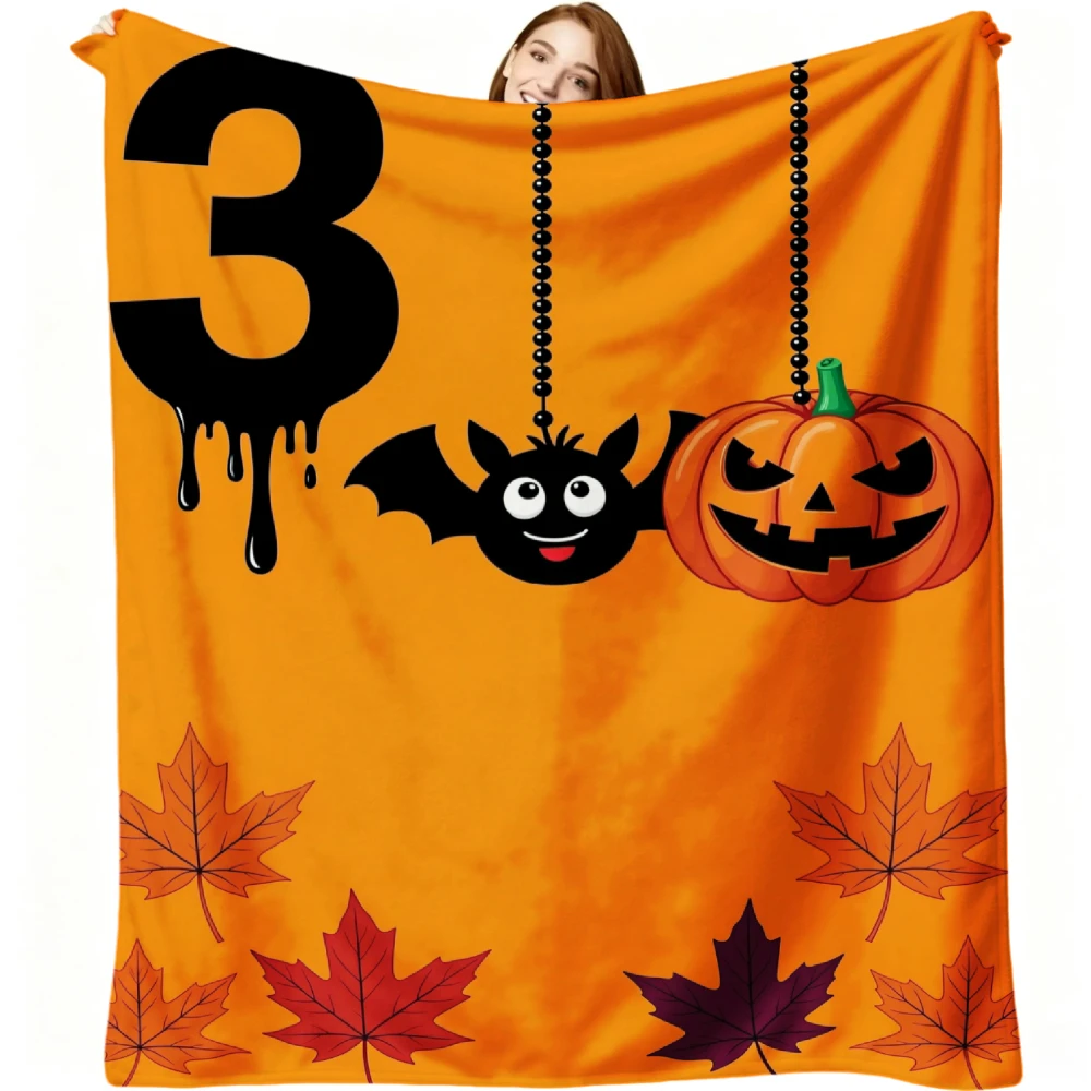 1pc Halloween Pumpkin Bat And Number 3 Print Flannel Blanket Soft Comfortable Warm Bed Cover Autumn Winter Season Home Bedroom Sofa Decor Halloween Thanksgiving Christmas Festival Gift