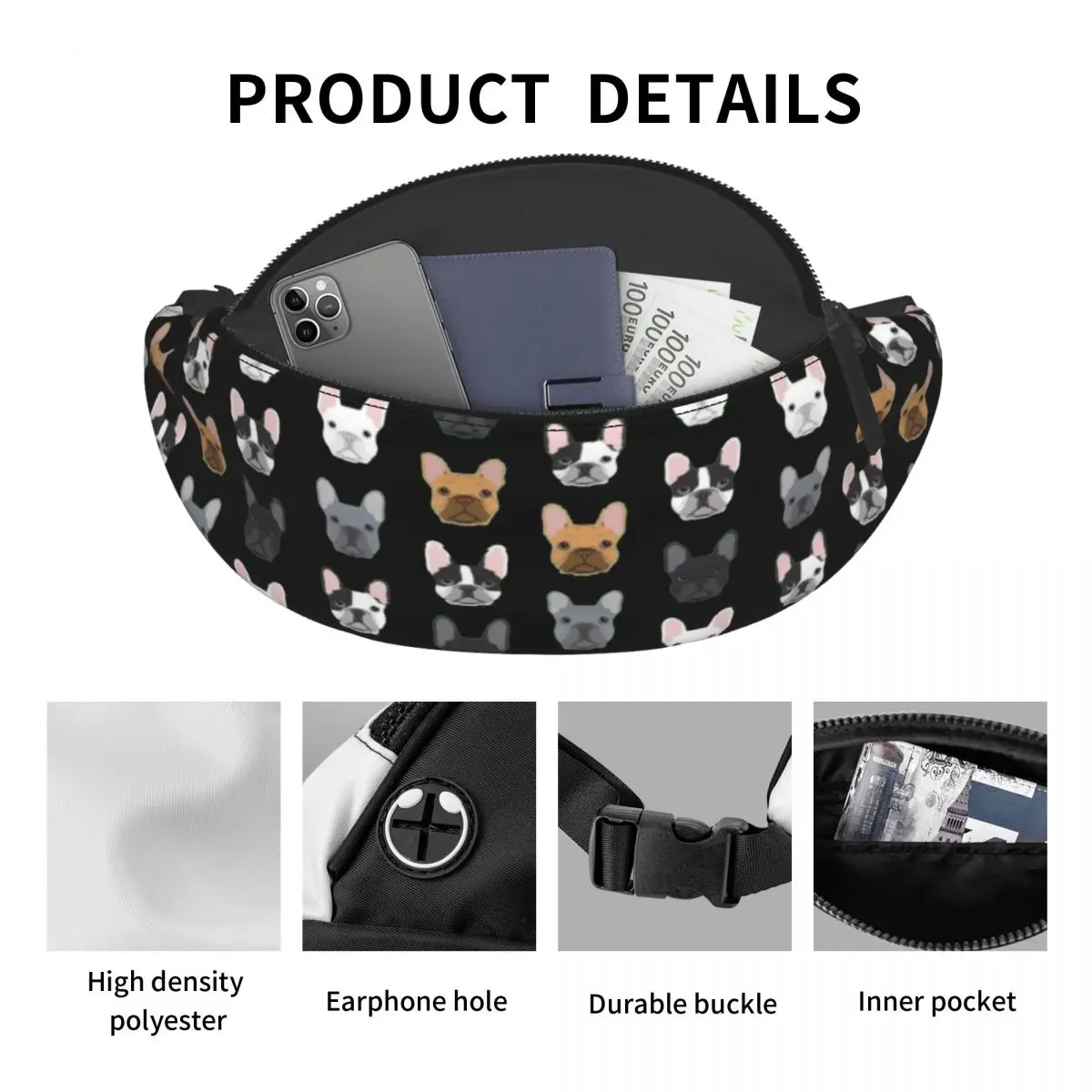 Gepersonaliseerde Schattige Franse Bulldog Heuptasje Voor Mannen Vrouwen Coole Hond Crossbody Heuptas Reizen Wandelen Telefoon Geld Zakje