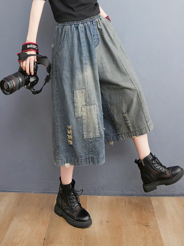 

High Waist Wide Leg Jeans Women's Summer plus Size Faded Hole Vintage Slimming Seven-Foot Straight Cut Pants Casual Style