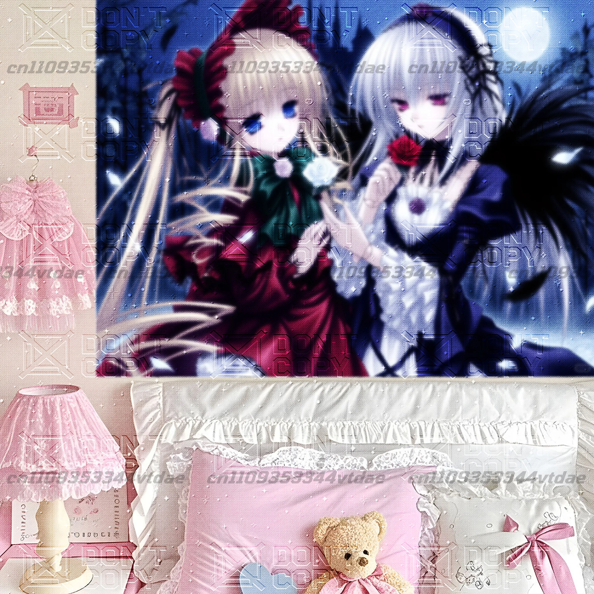 Gothic Rozen Maiden Wall Tapestry, Twin Dolls Shinku Suigintou Red Rose Print, Vintage Dark Aesthetic Room Decor for Anime Fans