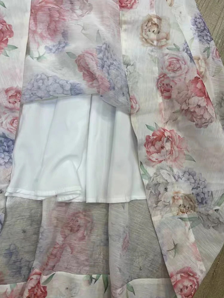 Retro printed V-neck applique lace-up cinched waist short-sleeved dress 2025 summer women's fashion loose A-line dress