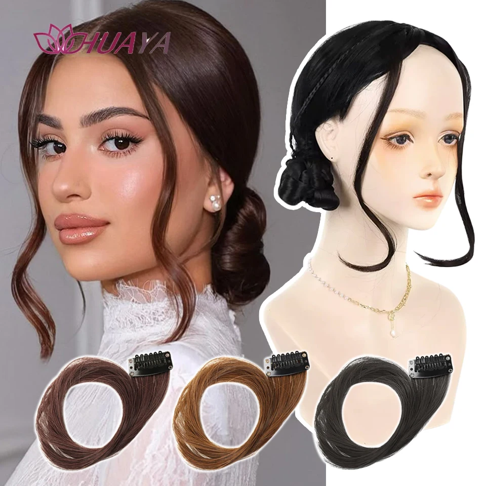 2 PCS Synthetic Long Side Air Bangs Wavy Curly Clip in Fringe Bangs Wig Front Side Bangs For Women Hairpiece Hair Extensions Fak
